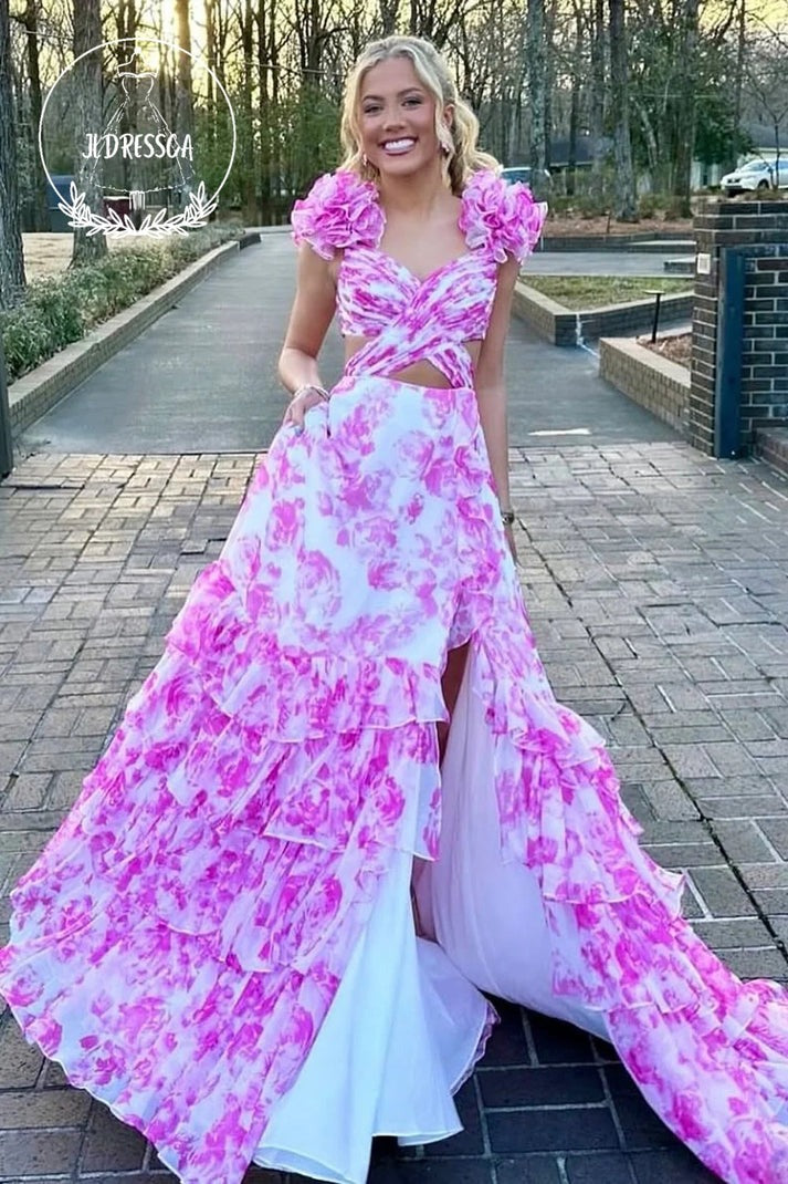 Timeless Romance: The Pink V Neck A-Line Floral Printed Long Prom Dress with Ruffle Slit