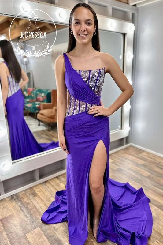 Purple One Shoulder Mermaid Prom Dress with Rhinestones: Dazzle at Prom with Elegance and Glamour