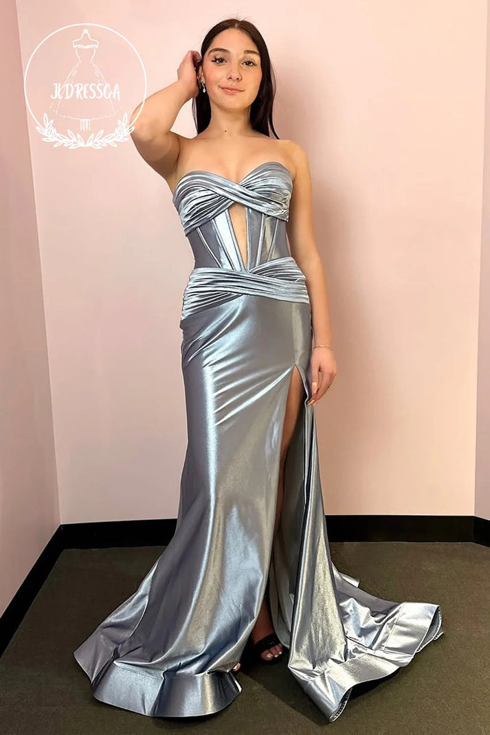 Shine Bright in a Silver Strapless Mermaid Satin Long Prom Dress with Slit