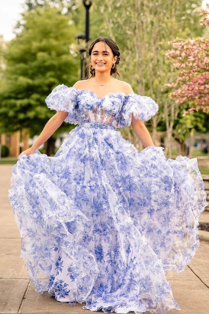 Steal the Spotlight with Off the Shoulder Blue Ruffle Tiered Floral Printed Prom Dress