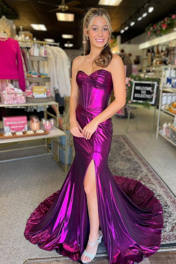 Purple Metallic Satin Mermaid Sweetheart Prom Dress with Slit: A Stunning Prom Ensemble