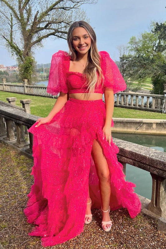 Glamorize Your Prom Night with the Sweetheart Fuchsia Ruffle Tiered Tulle Prom Dress with Slit