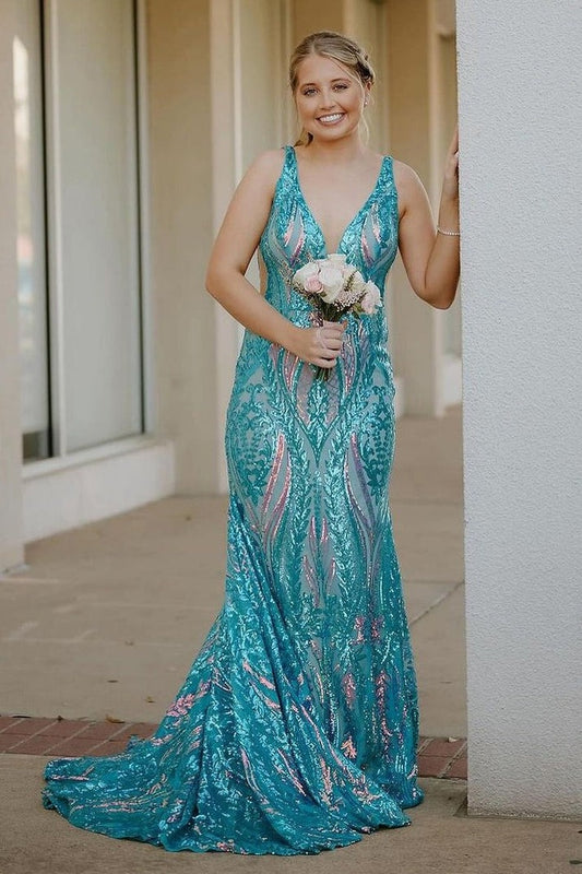 Dazzle in the Blue Sequin Mermaid V Neck Long Prom Dress