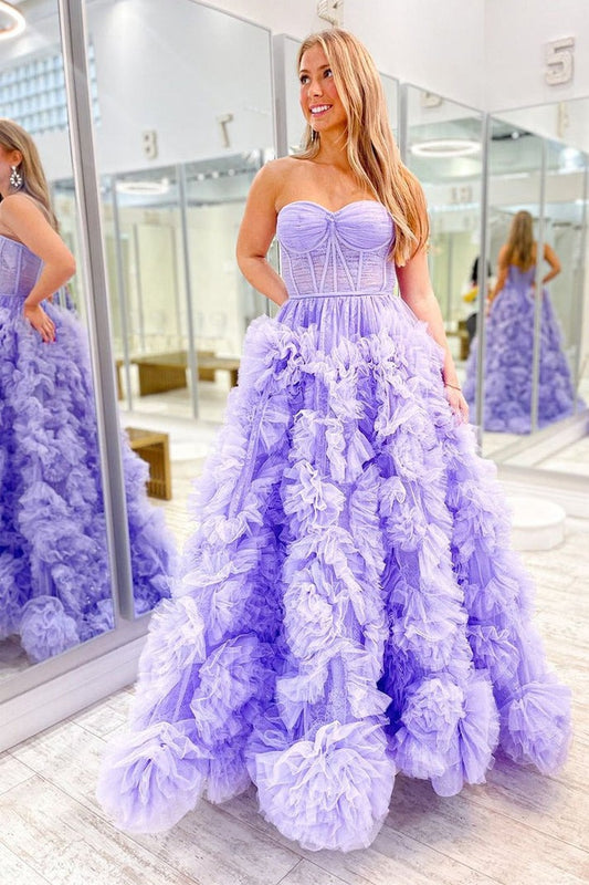 Stepping into Elegance with the Strapless Lilac Ruffle Tiered Tulle Long Prom Dress