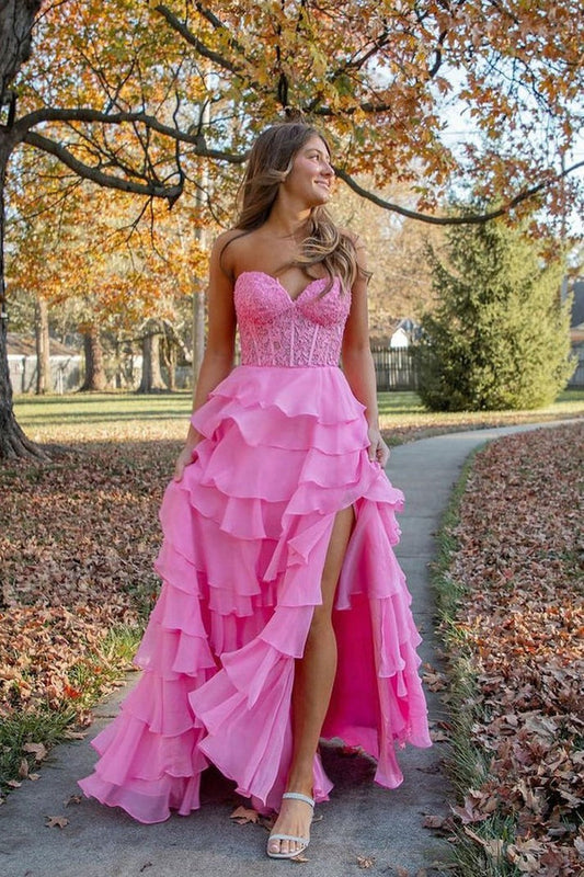 Unveiling the Magic of the Pink Chiffon Sweetheart Tiered Long Prom Dress with Appliques