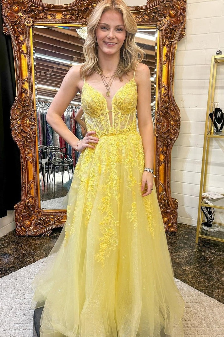 Unveiling the Enchanting Yellow Spaghetti Straps Floral A-line Long Prom Dress