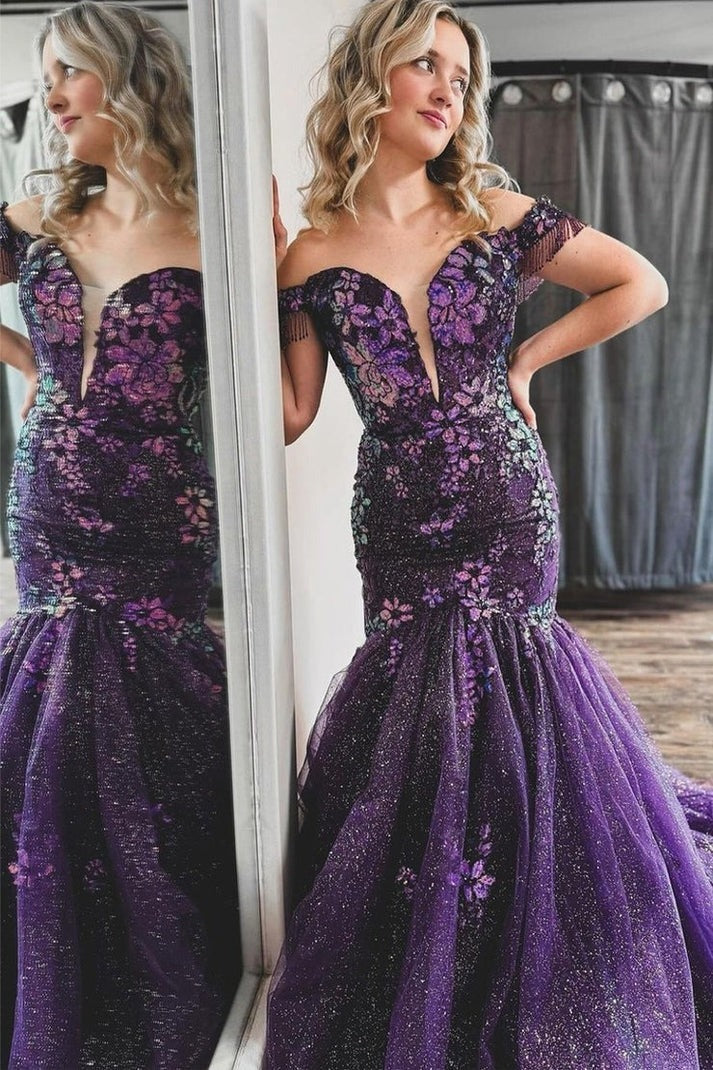 Dazzle in the Grape Off the Shoulder Mermaid Sequin Lace Long Prom Dress
