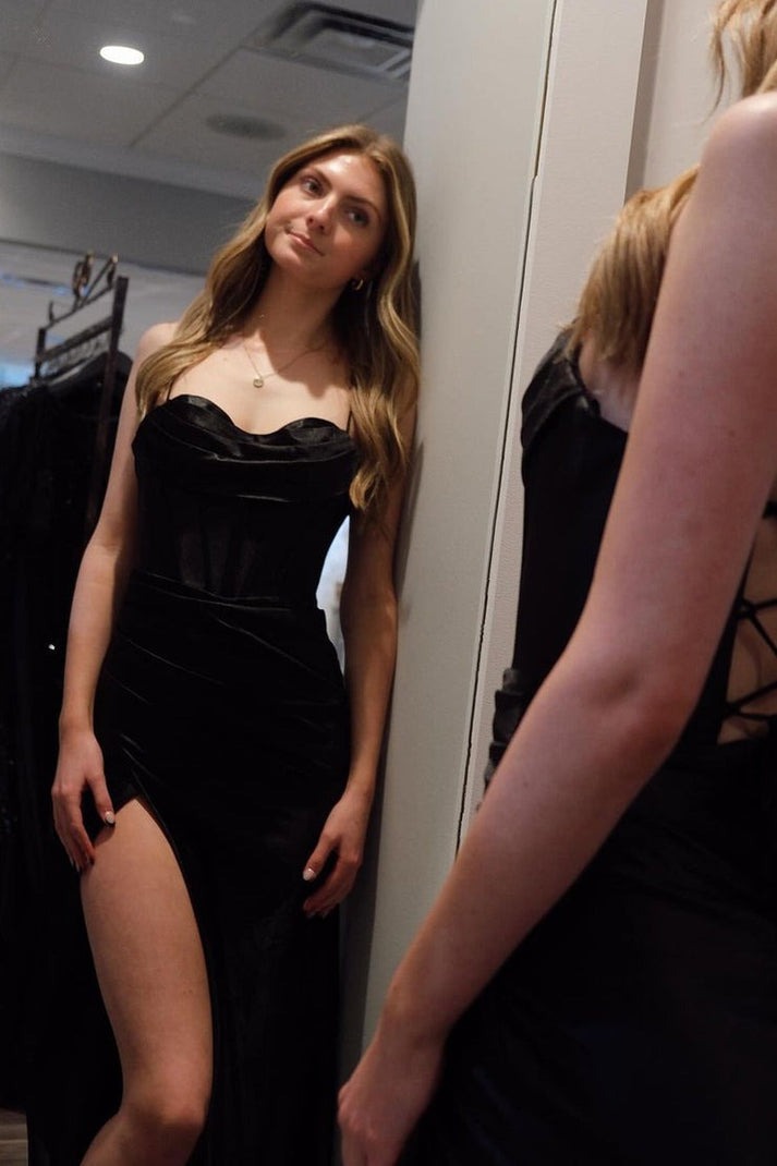 The Alluring Black Cowl Neck Satin Mermaid Long Prom Dress