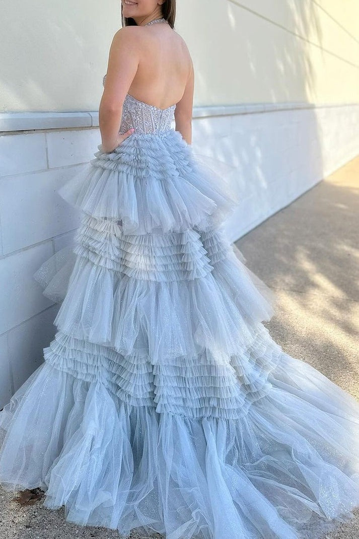 Grey Halter Long Tiered Tulle Prom Dresses with Appliques: A Dreamy Choice for Prom Night