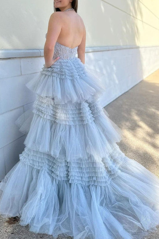 Grey Halter Long Tiered Tulle Prom Dresses with Appliques: A Dreamy Choice for Prom Night
