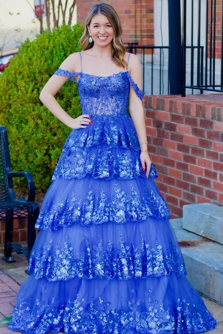 A Dreamy Tulle Sequin Ruffle Cold - Shoulder Tiered Long Prom Dress