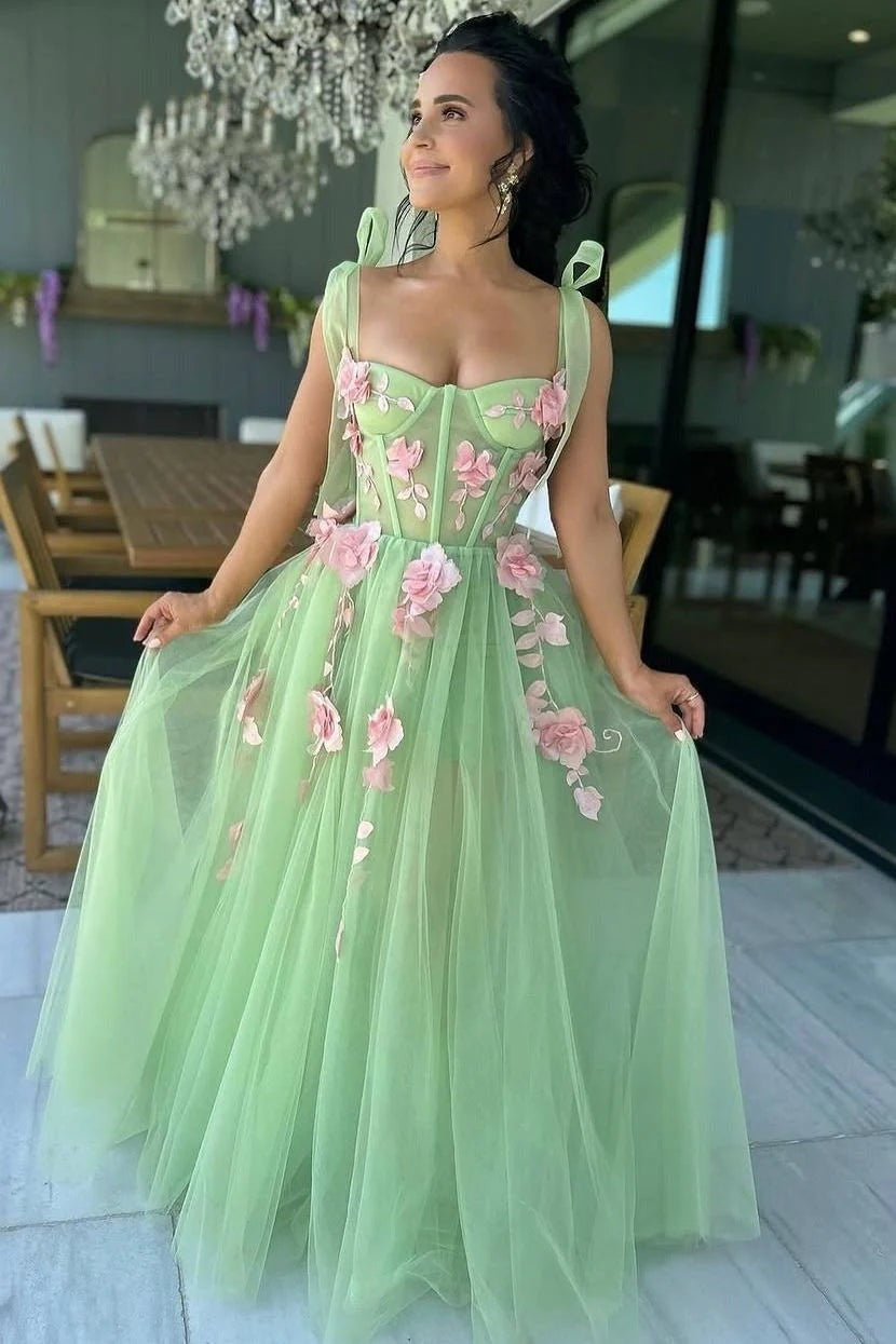 Whisper of Elegance: The Sage Green A Line Sweetheart Tulle Long Prom Dress with Appliques