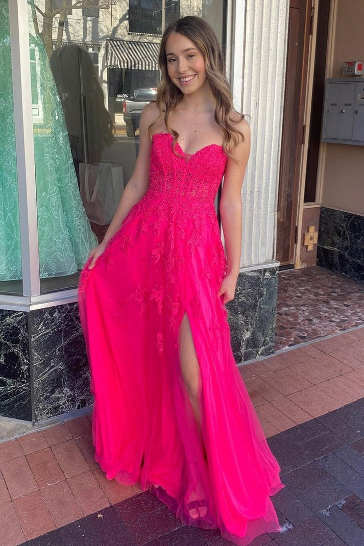 Unveiling the Allure of the Hot Pink Strapless A - line Floral Appliques Long Prom Dress with Slit