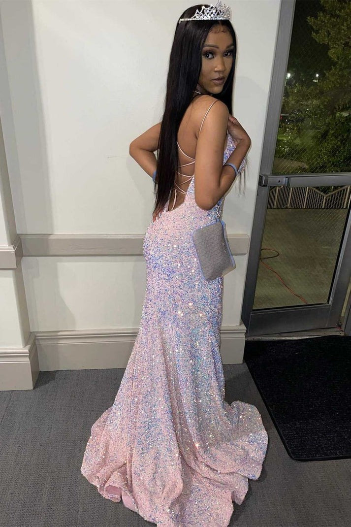 The Enchanting Pink Lace - Up Iridescent Sequin Mermaid Long Prom Dress