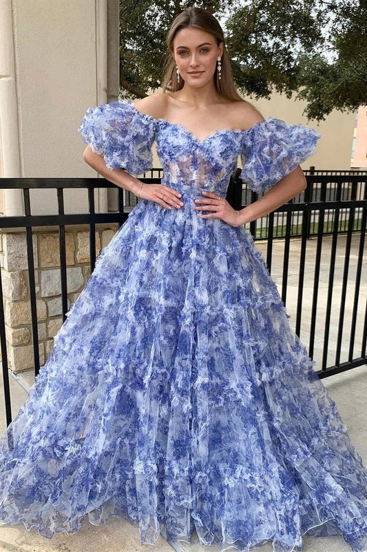 The Alluring Navy Blue Print A-Line Puff Sleeve Ruffle Long Prom Dress