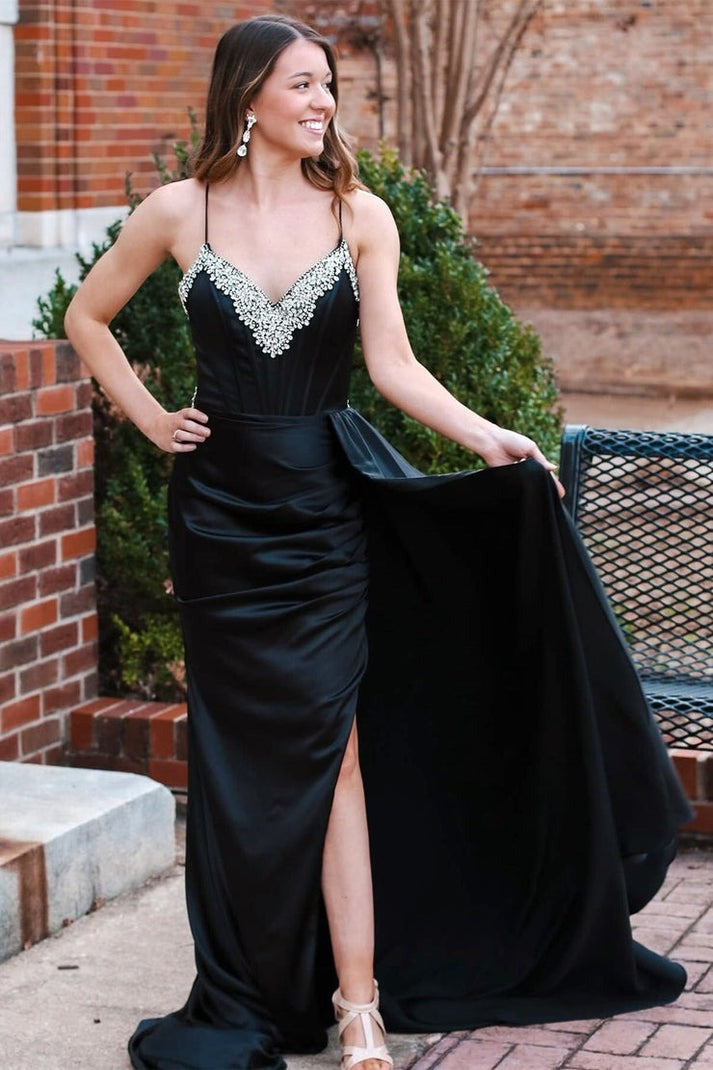 Unveiling the Enchanting Black V-Neck Rhinestone Long Formal Dress with Attached Train for Prom