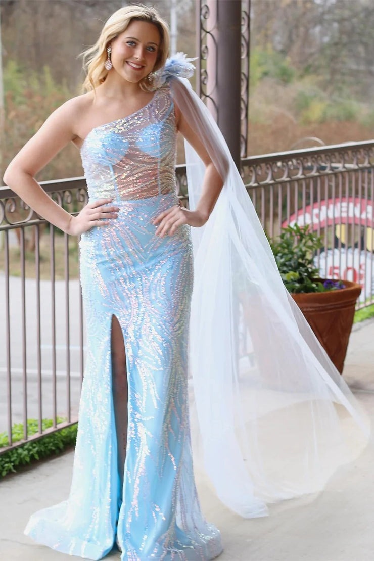 The Enchanting Light Blue One-Shoulder Mesh Sequin Lace Long Formal Dress