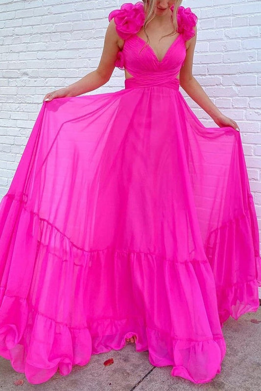Fuchsia A Line V Neck Long Prom Dress with 3D Flowers: A Dreamy Choice for Prom Night