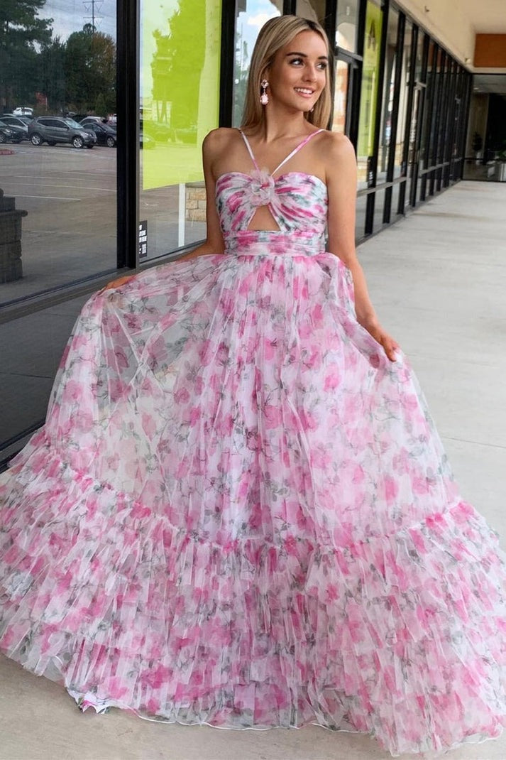 Stand Out at Prom in the Pink A-Line Halter Keyhole Floral Print Long Prom Dress