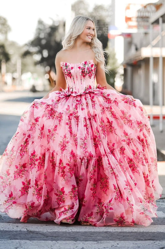 The Allure of the Pink A - Line Strapless Tiered Floral Chiffon Prom Dress with Bow