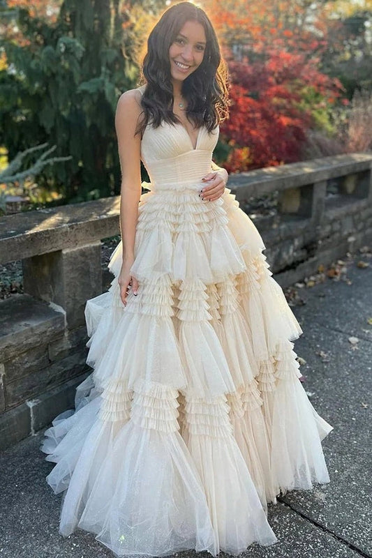 Ivory A Line Ruffled Long Prom Dress: A Timeless Elegance