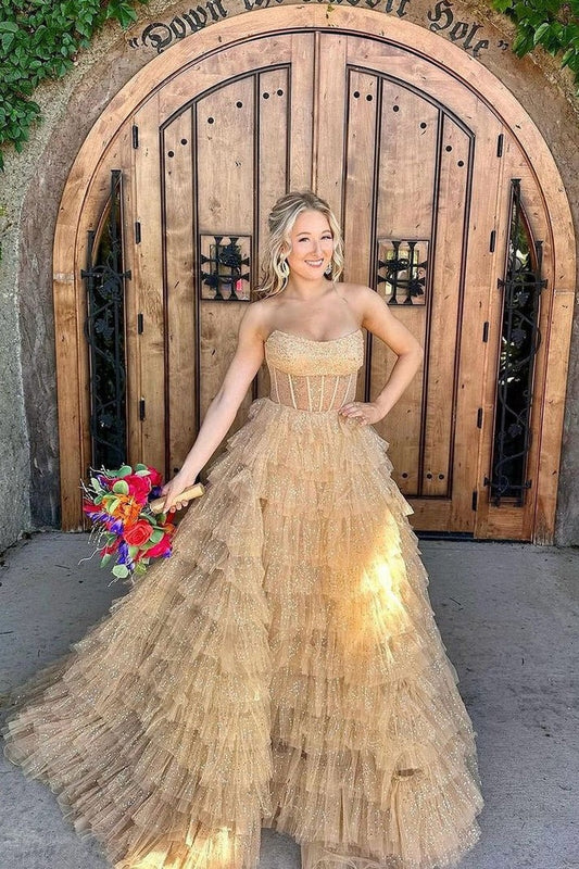 A Dazzling Choice: Strapless Ball Gown Gold Tiered Tulle Long Prom Dress