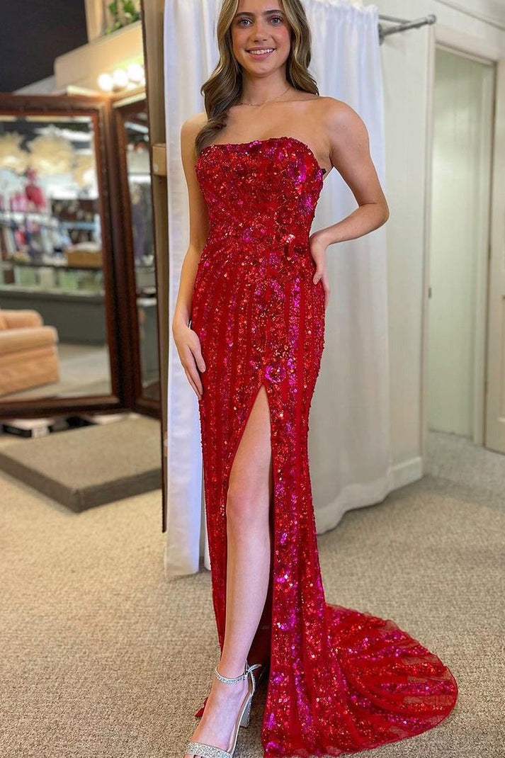 Red Sequins Strapless Mermaid Long Prom Dress with Slit: The Epitome of Prom Glamour