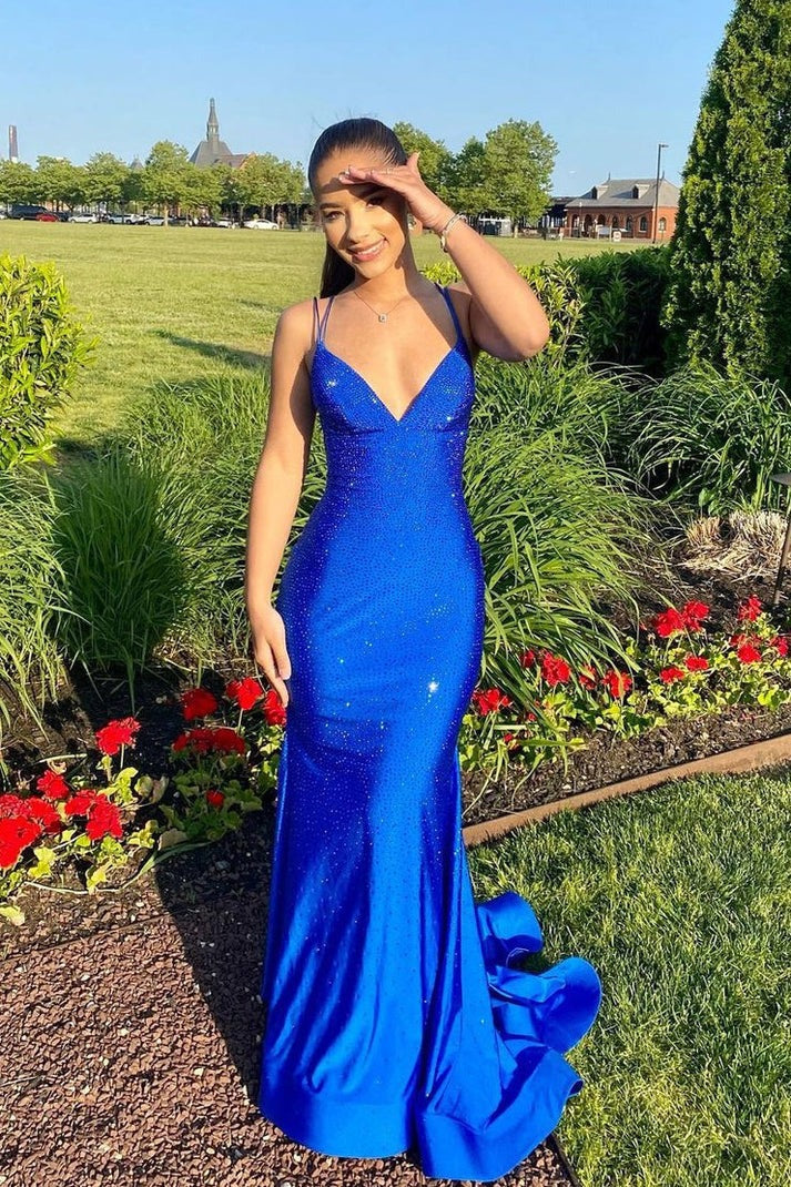 The Allure of Royal Blue Mermaid V Neck Satin Beaded Long Prom Dresses