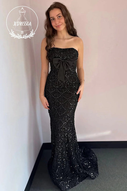 Stunning Black Strapless Mermaid Sequins Long Prom Dress with Bowknot: The Ultimate Statement Piece for Your Special Night