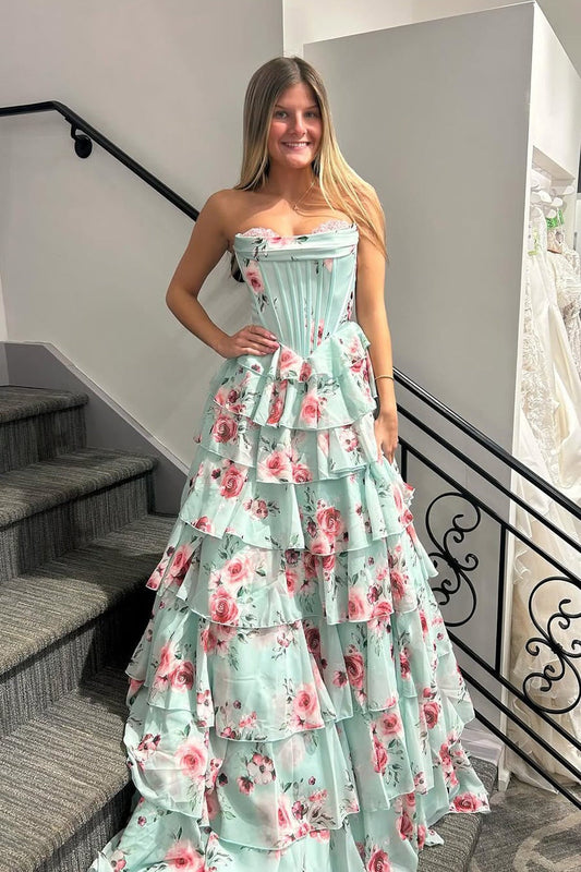 Twirl into Prom Perfection: The A Line Strapless Sweetheart Floral Tiered Chiffon Long Prom Dress
