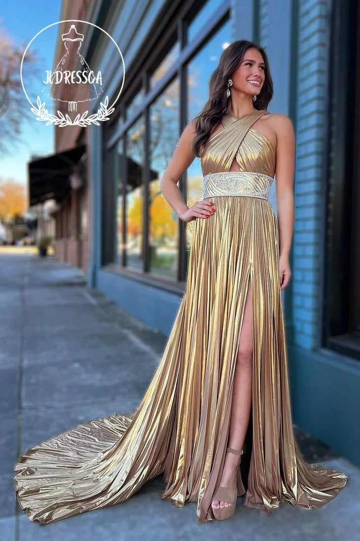 Timeless Elegance: The Champagne Halter Long Prom Dress with Slit and Cutout