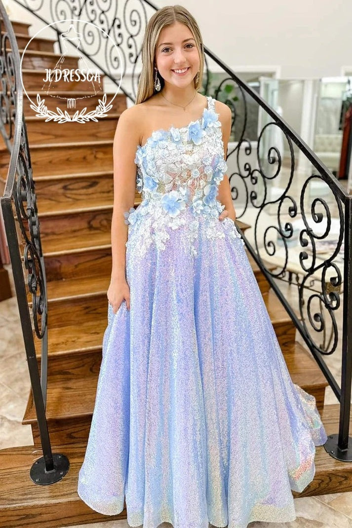 The Allure of the Lilac One Shoulder Sequin 3D Flowers Long Formal Dress for Prom