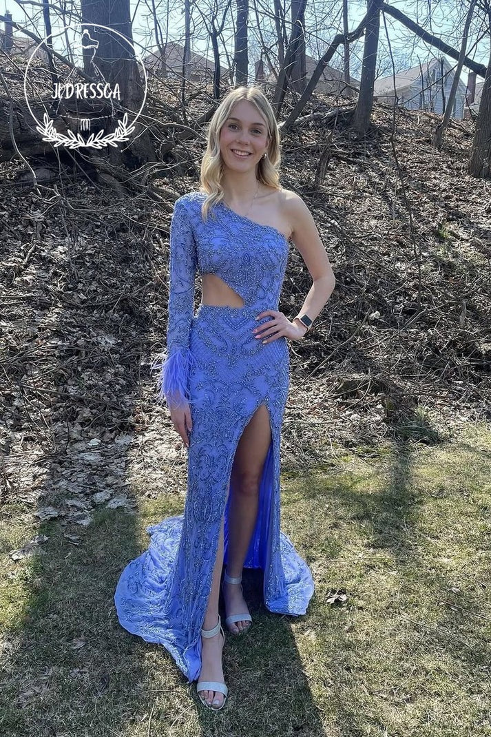 Effortlessly Elegant: The Lavender One Shoulder Long Sleeve Mermaid Sequins Long Prom Dress with Slit