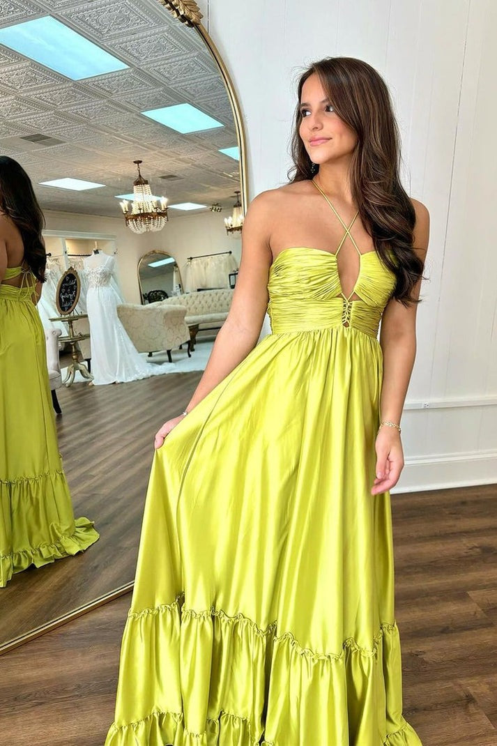 A-Line Halter Satin Keyhole Long Prom Dress: The Graceful Prom Essential