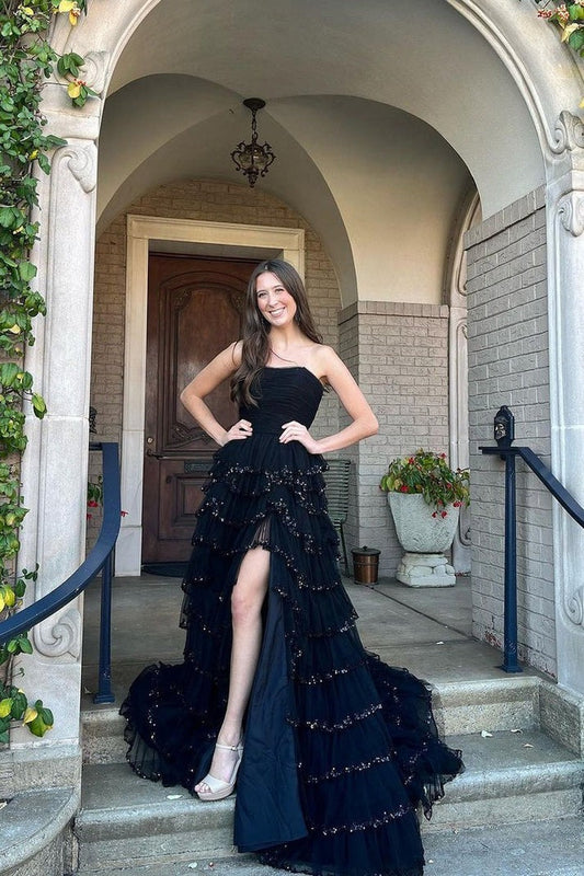 Unveiling the Enchanting Black Strapless Tiered Tulle Long Prom Dresses