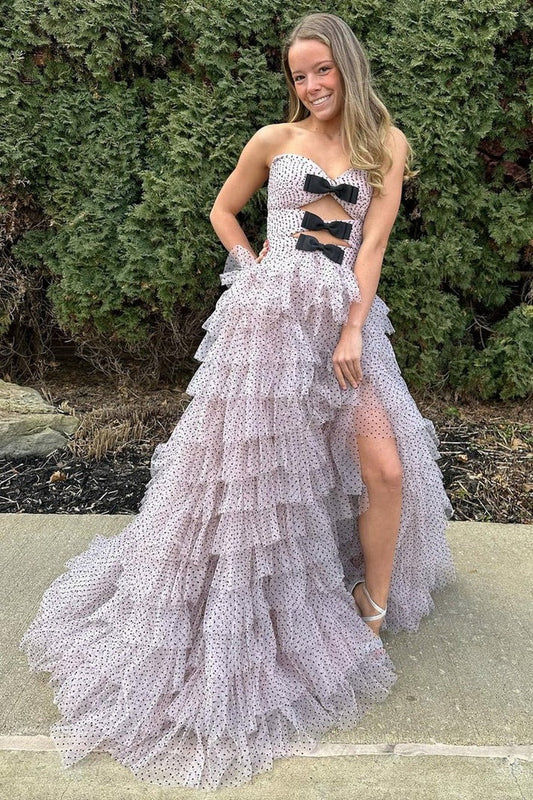 The Enchanting Light Pink Dot Sweetheart A Line Tiered Prom Dress with Slit