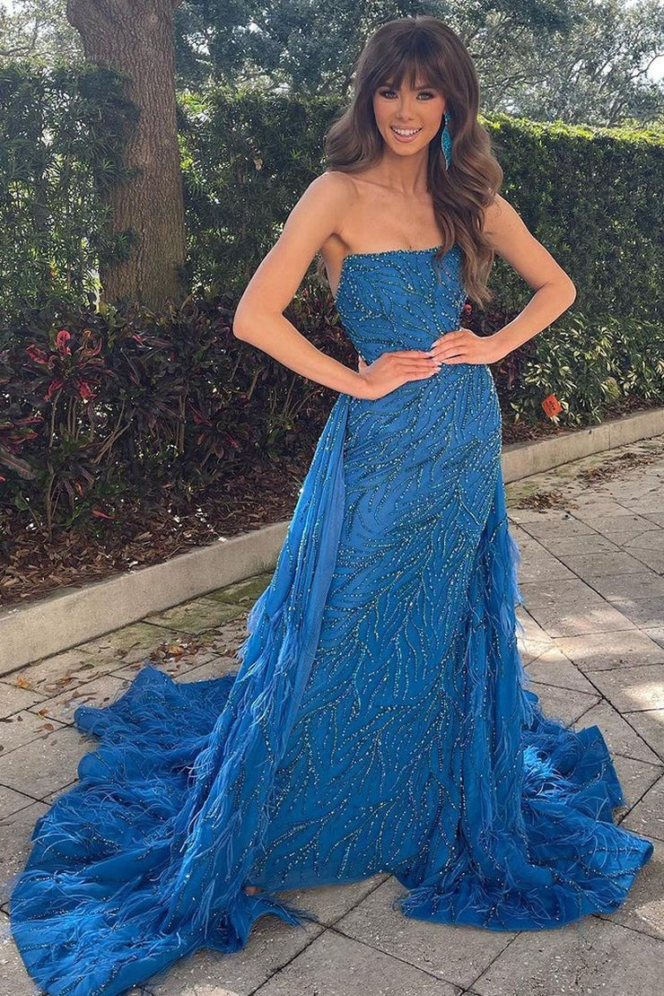 Blue Strapless Long Sequin Lace Feathered Mermaid Prom Dress: A Dreamy Choice for Prom Night