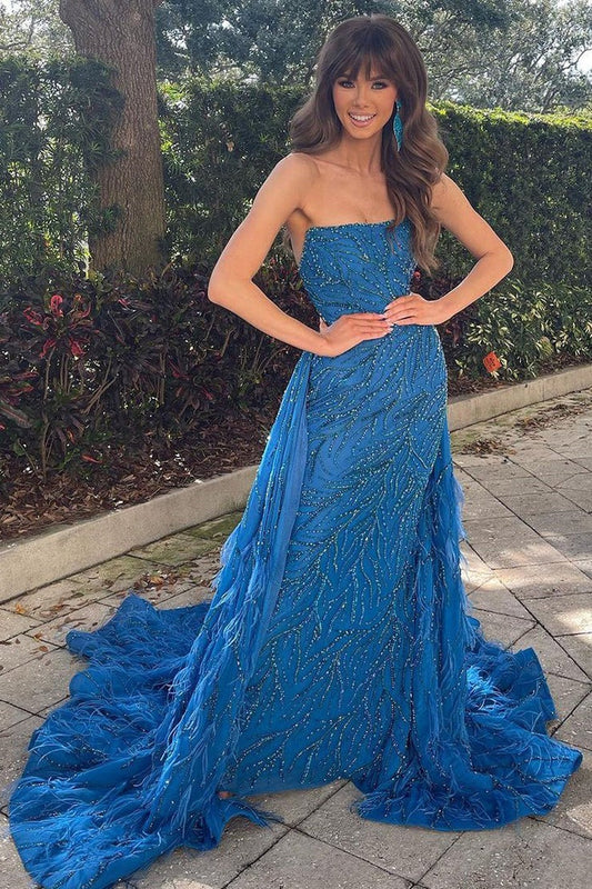 Blue Strapless Long Sequin Lace Feathered Mermaid Prom Dress: A Dreamy Choice for Prom Night