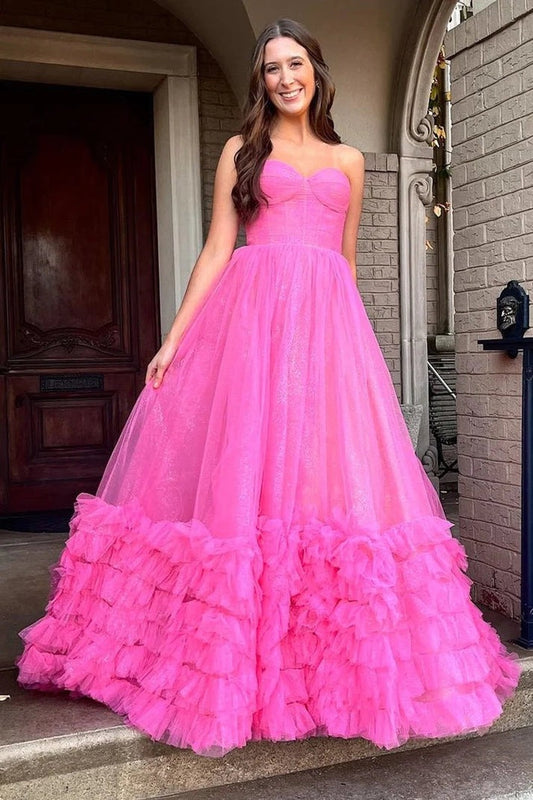 Unveiling the Gorgeous Fuchsia A-Line Strapless Ruffle Long Prom Dress