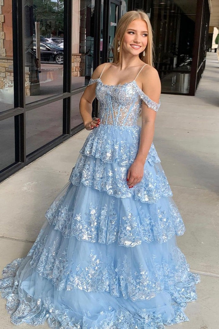 The Enchanting Blue A-Line Cold Shoulder Tiered Sequin Lace Long Prom Dresses