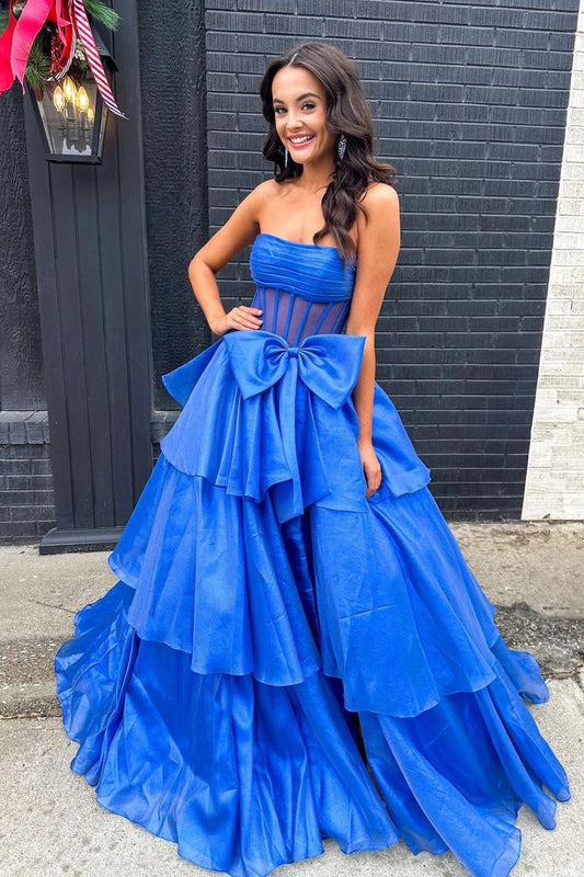 The Allure of the Royal Blue Strapless Organza Long Ball Gown Prom Dress with Bow