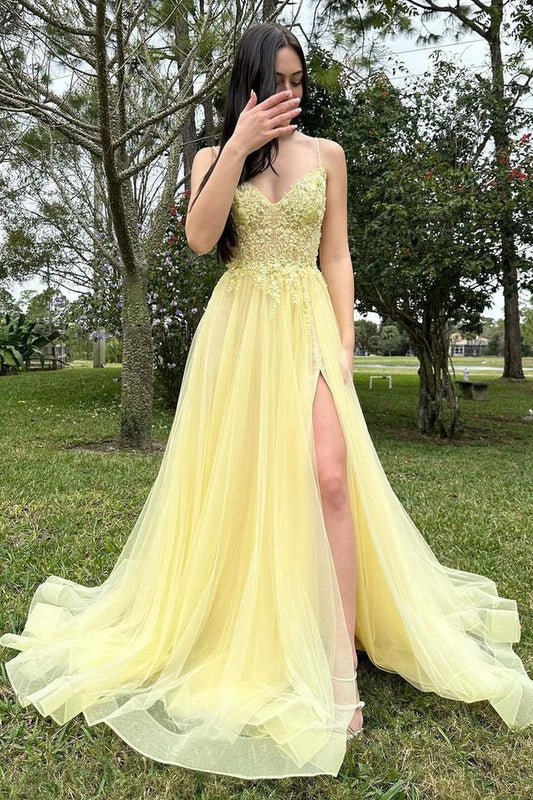 Unveiling the Magic of Yellow Tulle A - Line V Neck Long Prom Dresses with Appliques