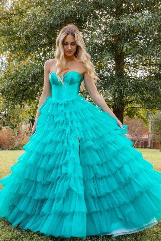 Dive into Elegance: Turquoise Tulle A - Line Strapless Long Prom Dresses