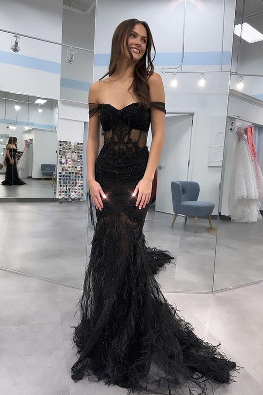 The Allure of Black Mermaid Off the Shoulder Long Prom Dresses with Feather