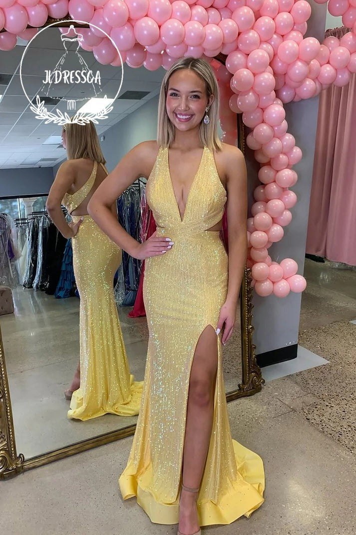 Radiate Elegance in the Yellow Halter Mermaid Beads Long Prom Dress with Slit
