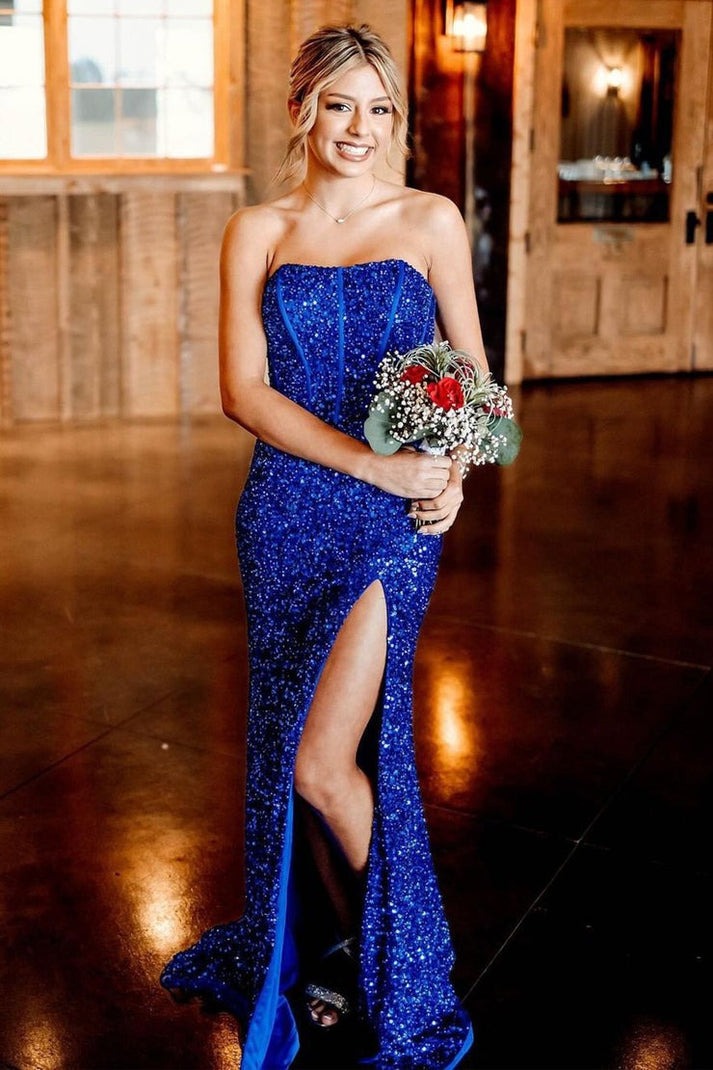 Stunning Royal Blue Strapless Sequins Mermaid Long Prom Dress