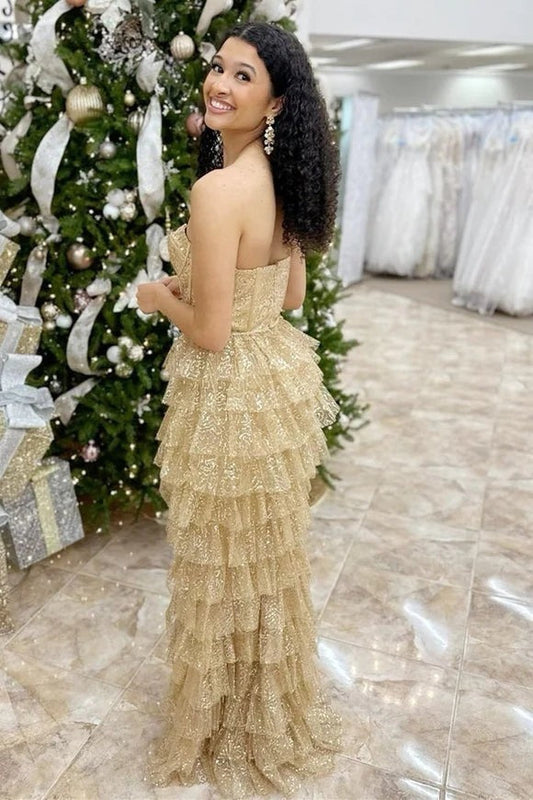 The Alluring Gold Corset Sequin Tulle Ruffle Tiered Long Dress with Slit for Prom