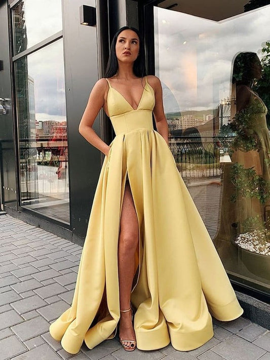 Yellow Satin A-Line V-Neck Prom Dresses with Straps: A Radiant Choice for Your Special Night