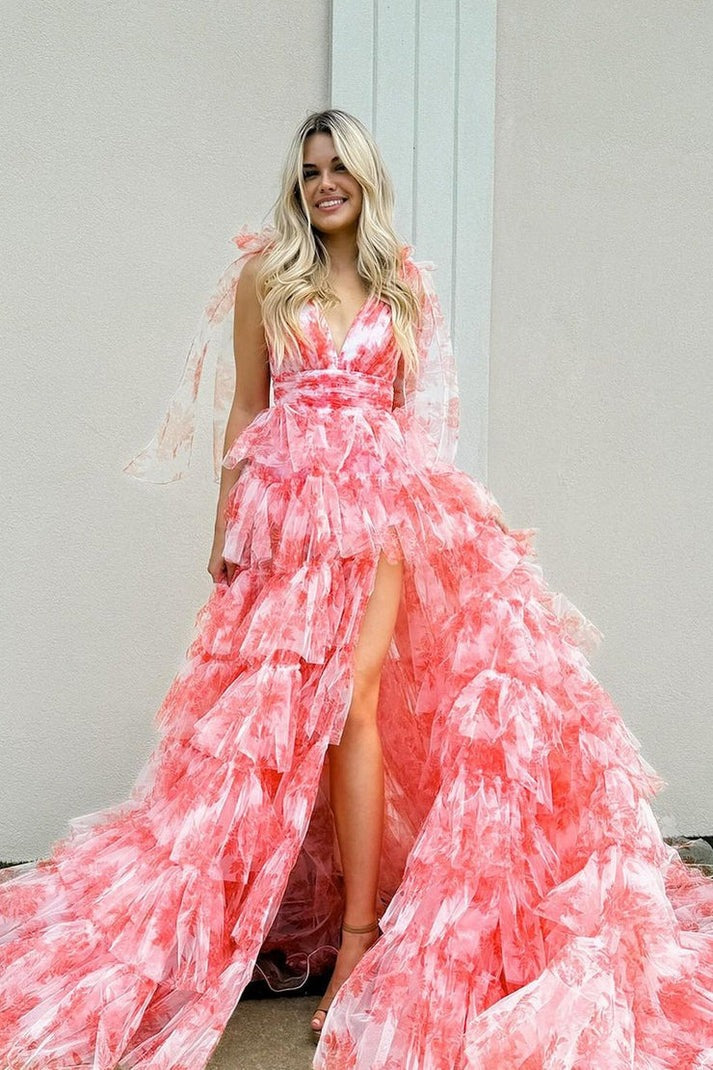 A Stunning Vision in Coral: The V Neck Ball Gown Floral Printed Tiered Coral Tulle Long Prom Dress with Slit