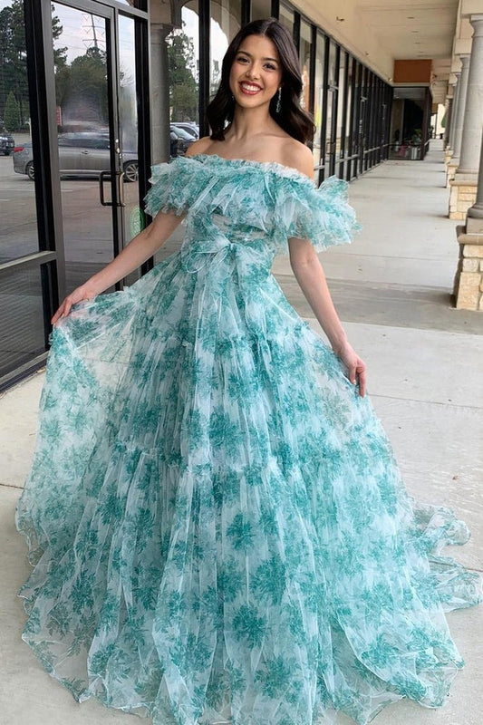 Floral Printed A-Line Off the Shoulder Ruffle Long Prom Dresses: A Blooming Beauty for Your Prom Night